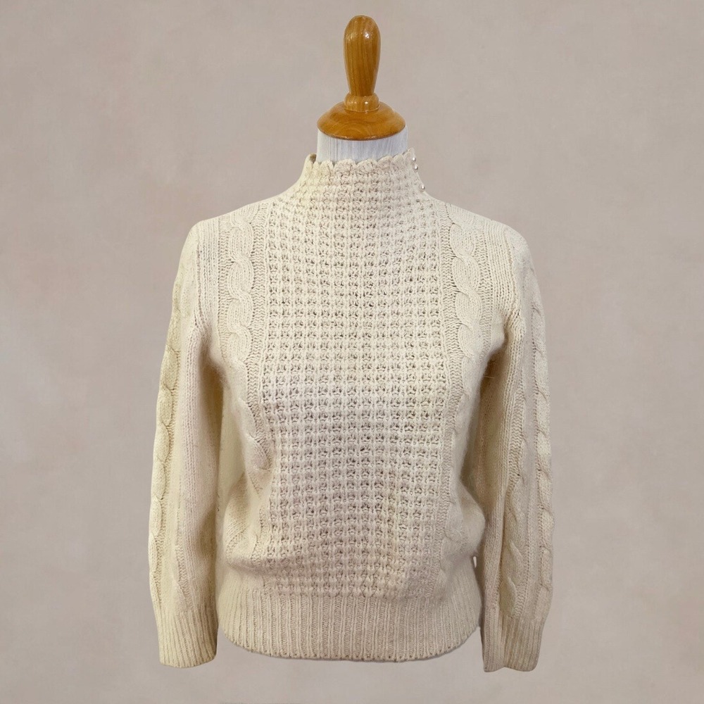 Vintage 80s FABE Silk Angora Cable Knit Sweater Ivory Pearl Mock Neck S
